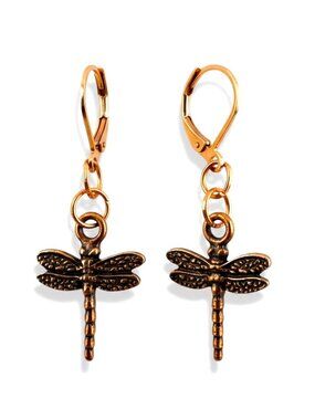 TierraCast Dragonfly Earrings Antique Copper Plated Charms Red Copper Leverbacks